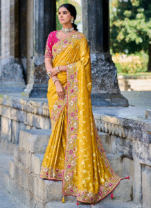 Golden Elegance with Gold Plated Silver Temple Jewellery and Yellow Bridal Saree
